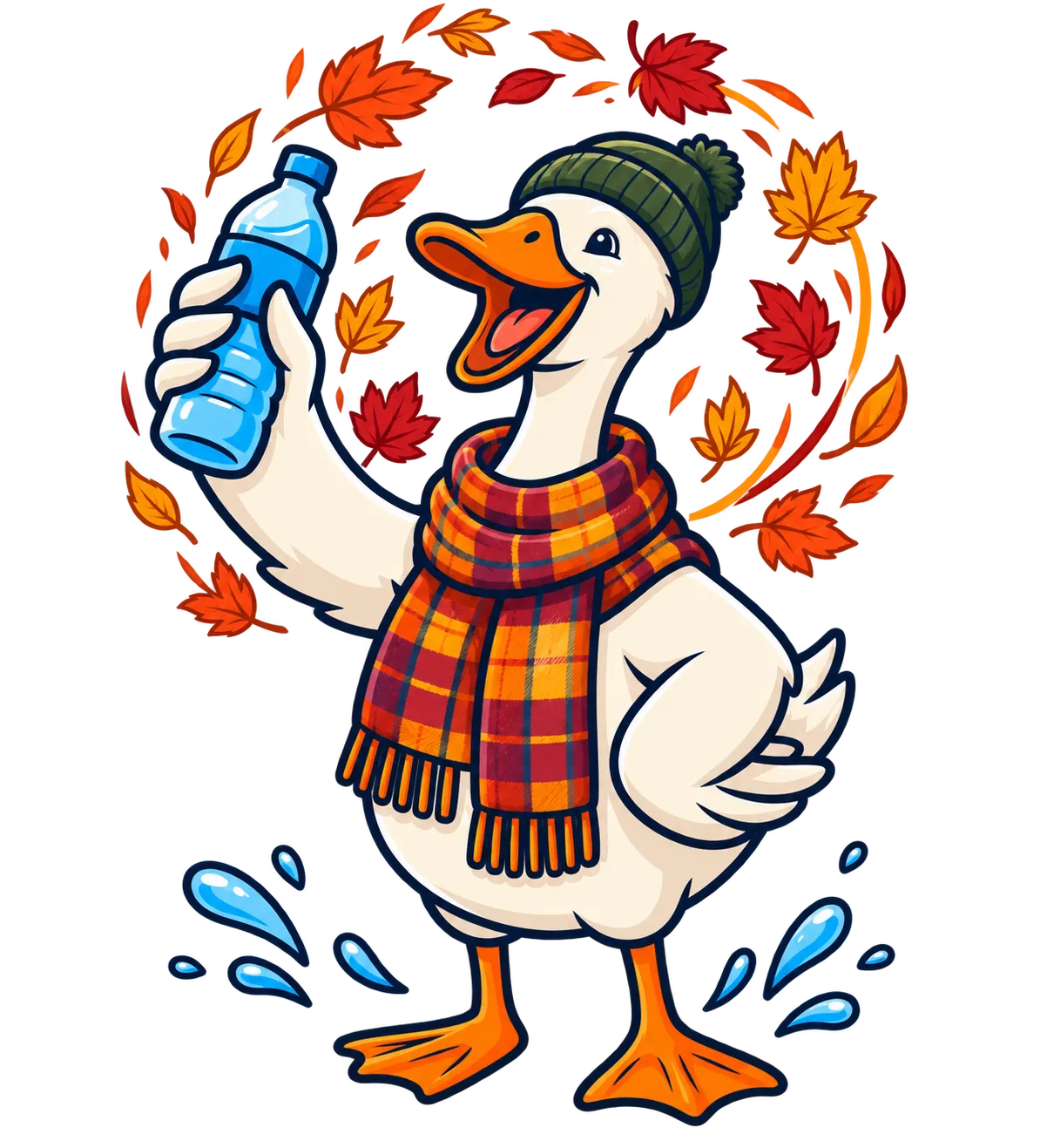 Honk the goose in a plaid scarf and green beanie, raising a water bottle among autumn leaves